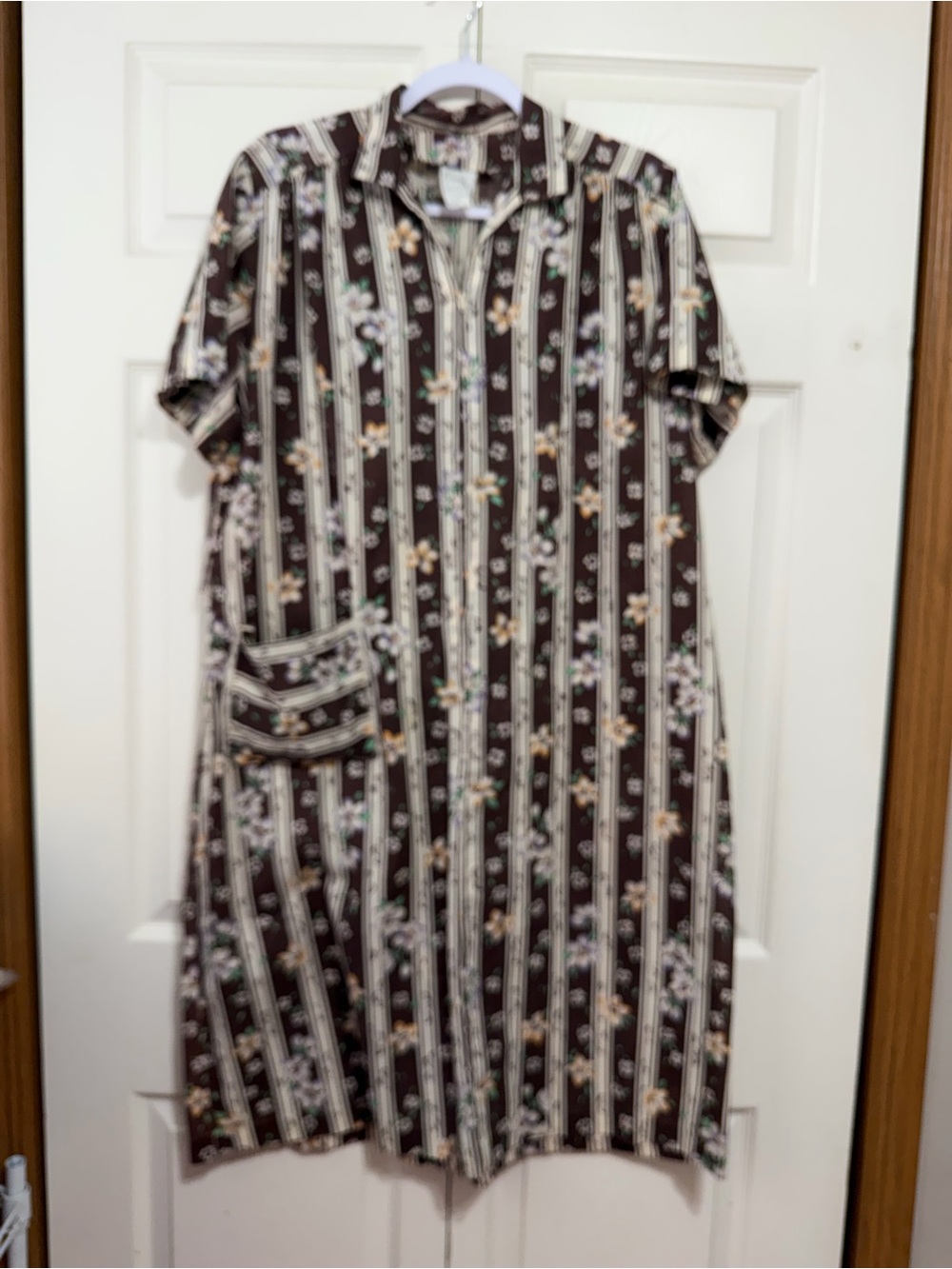 Vintage House Dress with Pocket - Brown Floral Striped